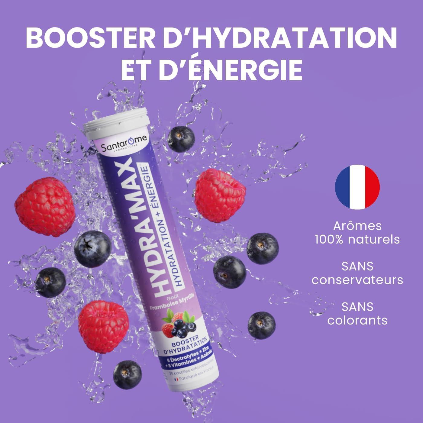 imageSantarome Bio Hydramax Booster dhydration et dnergie Optimise lhydratation Riche en lectrolytes Got Fruit de la Passion 20 pastilles effervescentes FranceHydramax Framboise Myrtille Electrolytes Hydratation 20 pastilles effervescentes