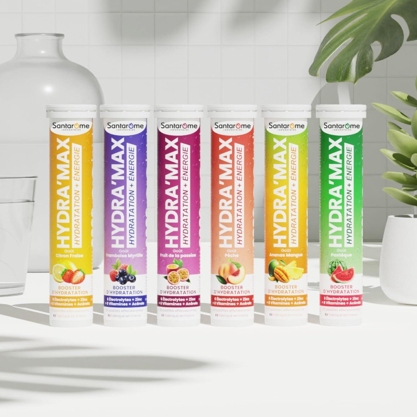 imageSantarome Bio Hydramax Booster dhydration et dnergie Optimise lhydratation Riche en lectrolytes Got Fruit de la Passion 20 pastilles effervescentes FranceHydramax Citron Fraise Electrolytes Hydratation 20 pastilles effervescentes