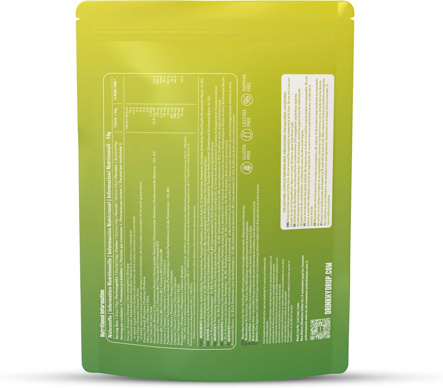 imagelectrolytes Sans Sucre en Poudre 1733 mg Hydratation et nergie Instantane avec Vitamines B et C Saveur Orange Paquet avec 6 Sachets de 14 Grammes Sans Gluten et sans LactoseCitronCitron Vert