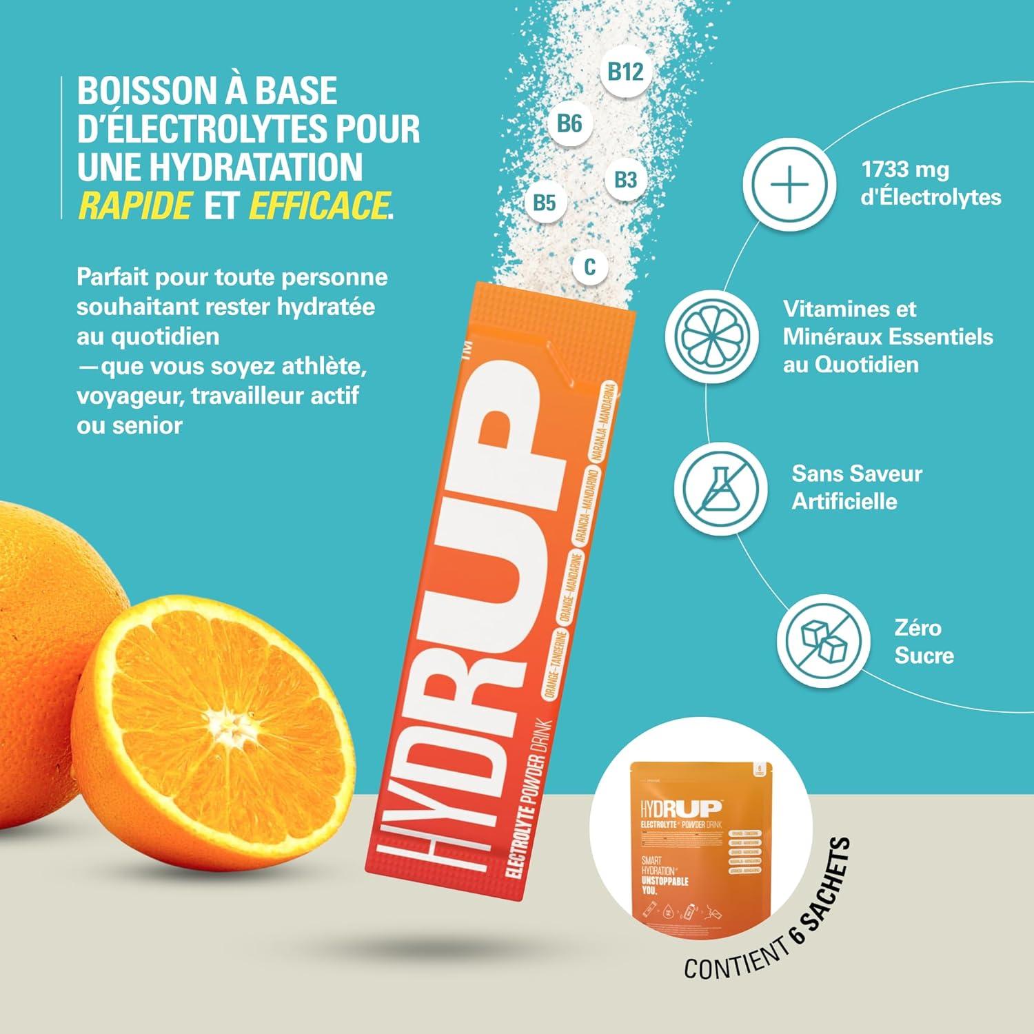 imagelectrolytes Sans Sucre en Poudre 1733 mg Hydratation et nergie Instantane avec Vitamines B et C Saveur Orange Paquet avec 6 Sachets de 14 Grammes Sans Gluten et sans LactoseOrangeMandarine