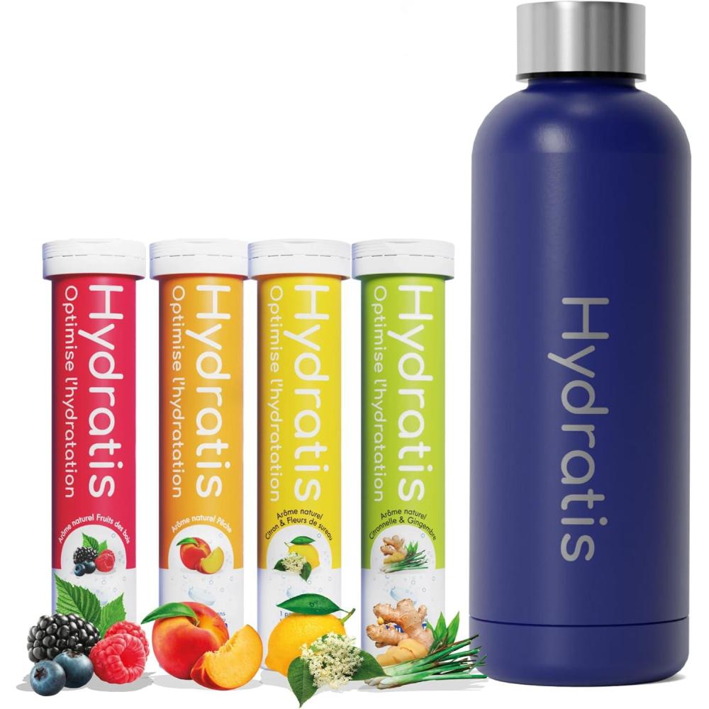 imageHYDRATIS Pack 4 Tubes de Pastilles Effervescentes avec Electrolytes Gourde 500 ml Jaune Optimise lHydratation CitronFleur de Sureau Fruits des Bois Pche CitronnelleGingembreGourde Bleue