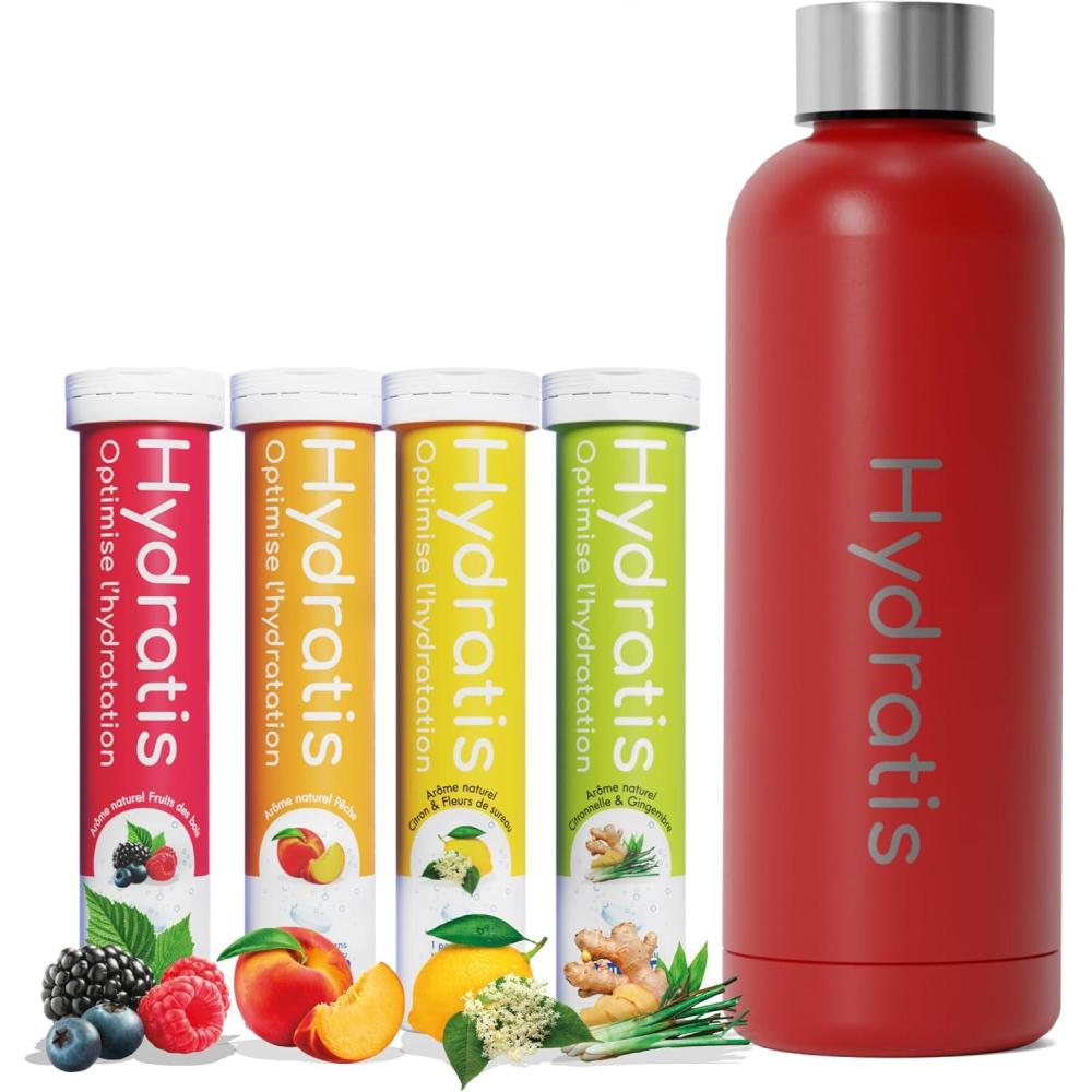 imageHYDRATIS  Pack 4 Tubes de Pastilles Effervescentes avec Electrolytes  Gourde 500 ml Jaune  Optimise lHydratation  CitronFleur de Sureau  Fruits des Bois  Pche  CitronnelleGingembreGourde Rouge