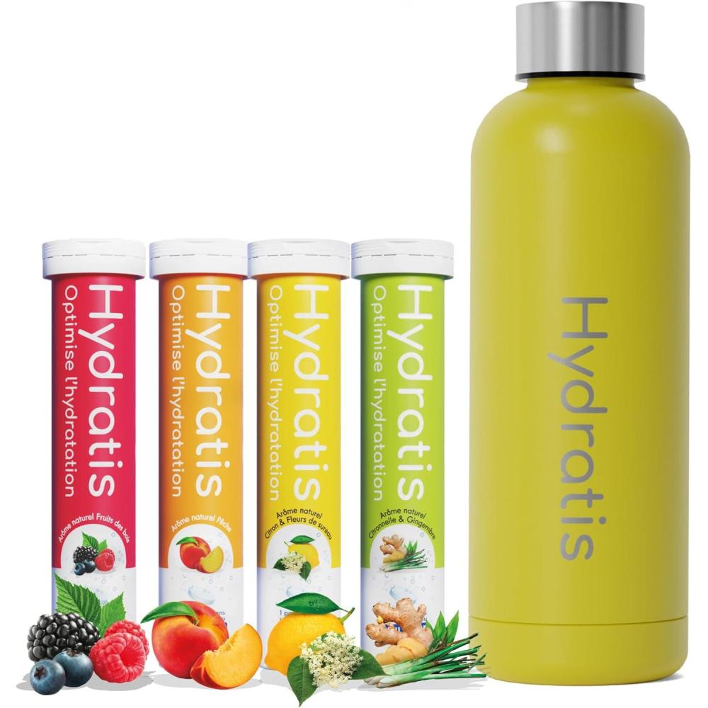 imageHYDRATIS Pack 4 Tubes de Pastilles Effervescentes avec Electrolytes Gourde 500 ml Jaune Optimise lHydratation CitronFleur de Sureau Fruits des Bois Pche CitronnelleGingembreGourde Jaune