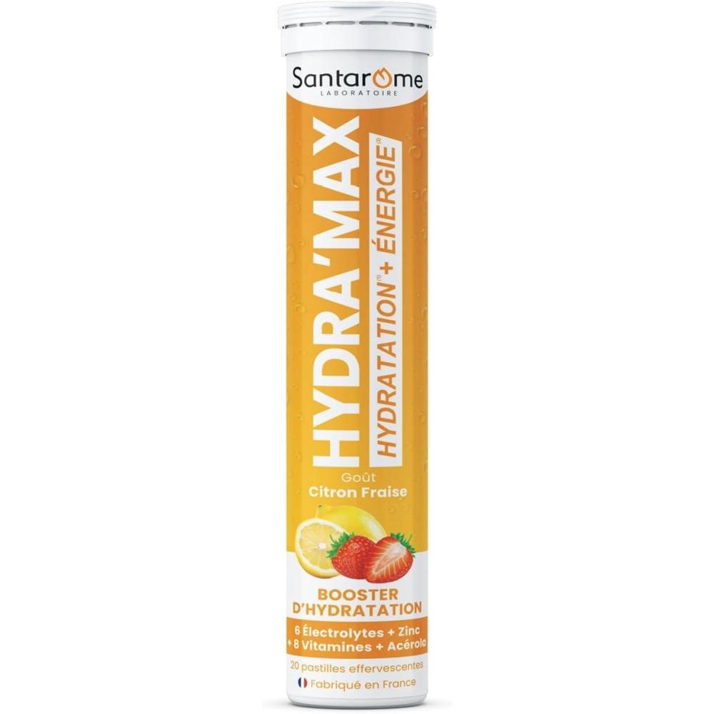 imageSantarome Bio Hydramax Booster dhydration et dnergie Optimise lhydratation Riche en lectrolytes Got Fruit de la Passion 20 pastilles effervescentes FranceHydramax Citron Fraise Electrolytes Hydratation 20 pastilles effervescentes