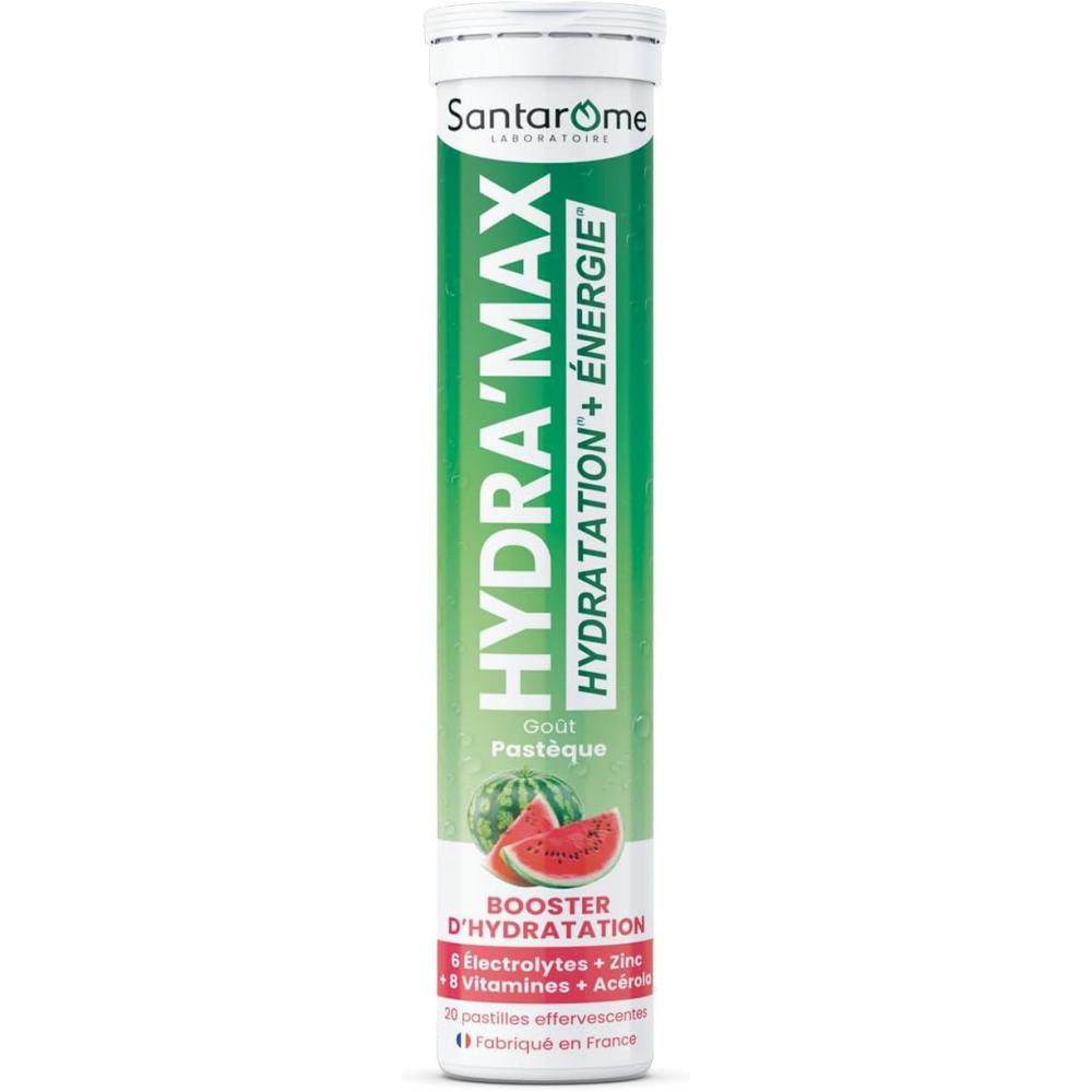imageSantarome Bio  Hydramax  Booster dhydration et dnergie  Optimise lhydratation  Riche en lectrolytes  Got Fruit de la Passion  20 pastilles effervescentes  FranceHydramax  Pastque  Electrolytes  Hydratation  20 pastilles effervescentes