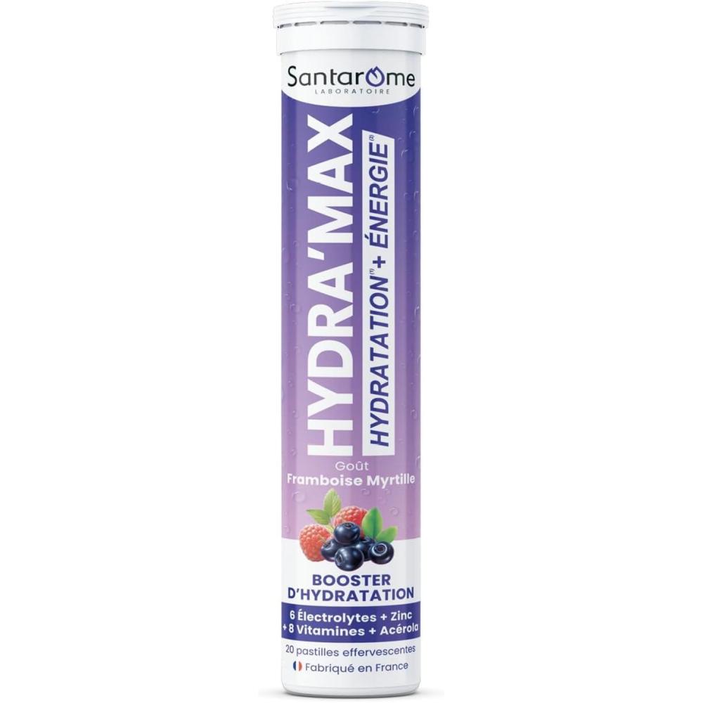 imageSantarome Bio  Hydramax  Booster dhydration et dnergie  Optimise lhydratation  Riche en lectrolytes  Got Fruit de la Passion  20 pastilles effervescentes  FranceHydramax  Framboise Myrtille  Electrolytes  Hydratation  20 pastilles effervescentes