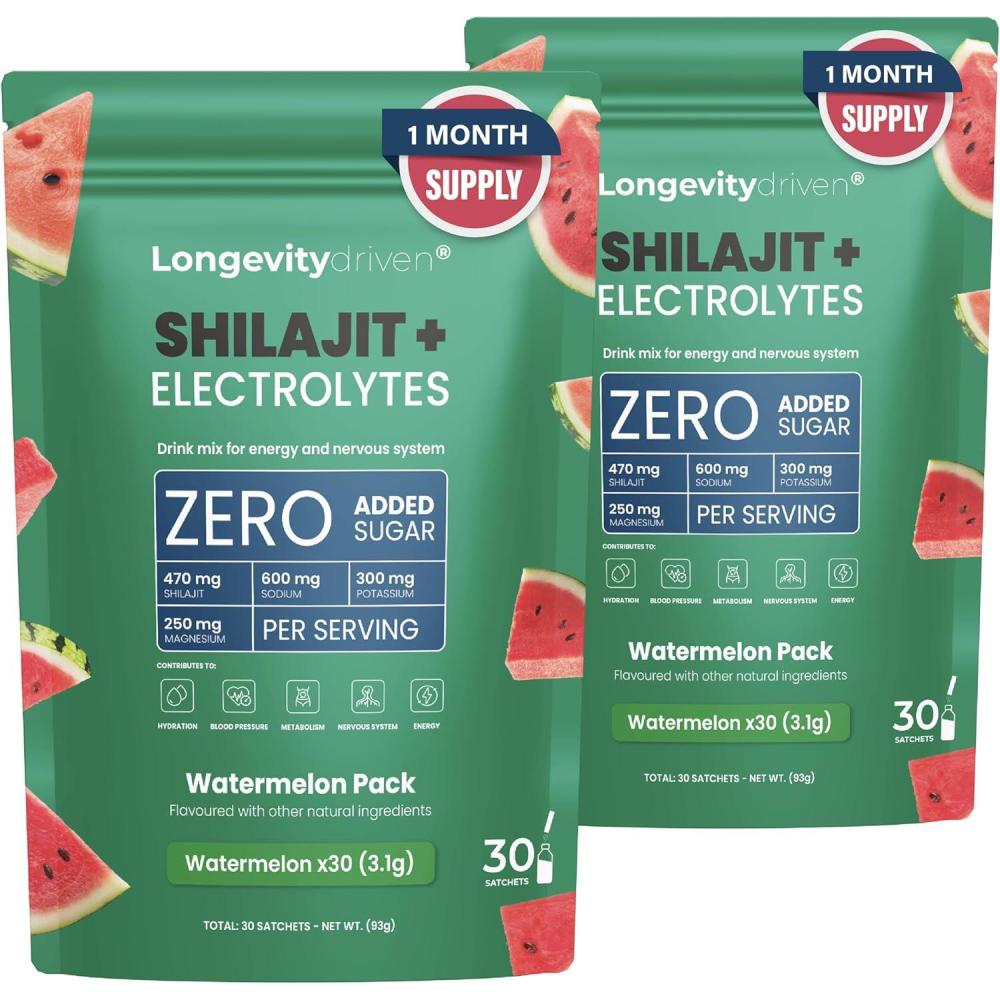 imageShilajit Pure Poudre Dlectrolytes1620 mg pour Hommes et Femmes Boisson Vitalit et Longvit avec Shilajit Himalaya Magnsium Sodium et Potassium Arme de Melon deau 30 portions X2Lot de 2 Pastque