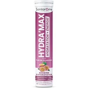 Santarome Bio – Hydra&rsquo;max – Booster d&rsquo;hydration et d&rsquo;énergie – Optimise l&rsquo;hydratation – Riche en électrolytes – Goût Fruit de la Passion – 20 pastilles effervescentes – France(Hydra&rsquo;max – Fruit de la passion – Electrolytes – Hydratation – 20 pastilles effervescentes)