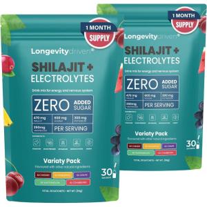 Shilajit Pure Poudre D&rsquo;électrolytes1620 mg pour Hommes et Femmes – Boisson Vitalité et Longévité avec Shilajit Himalaya, Magnésium, Sodium et Potassium, Arôme de Melon d&rsquo;eau – 30 portions – X2(Lot de 2 Variété)