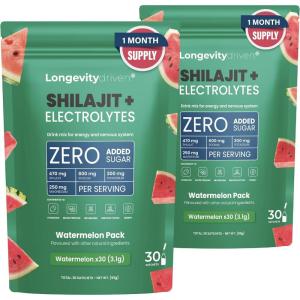 Shilajit Pure Poudre D&rsquo;électrolytes1620 mg pour Hommes et Femmes – Boisson Vitalité et Longévité avec Shilajit Himalaya, Magnésium, Sodium et Potassium, Arôme de Melon d&rsquo;eau – 30 portions – X2(Lot de 2 Pastèque)