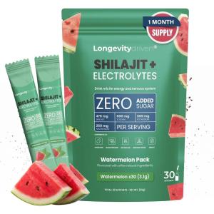 Shilajit Pure Poudre D&rsquo;électrolytes1620 mg pour Hommes et Femmes – Boisson Vitalité et Longévité avec Shilajit Himalaya, Magnésium, Sodium et Potassium, Arôme de Melon d&rsquo;eau – 30 portions – X2(Lot de 1 Pastèque)