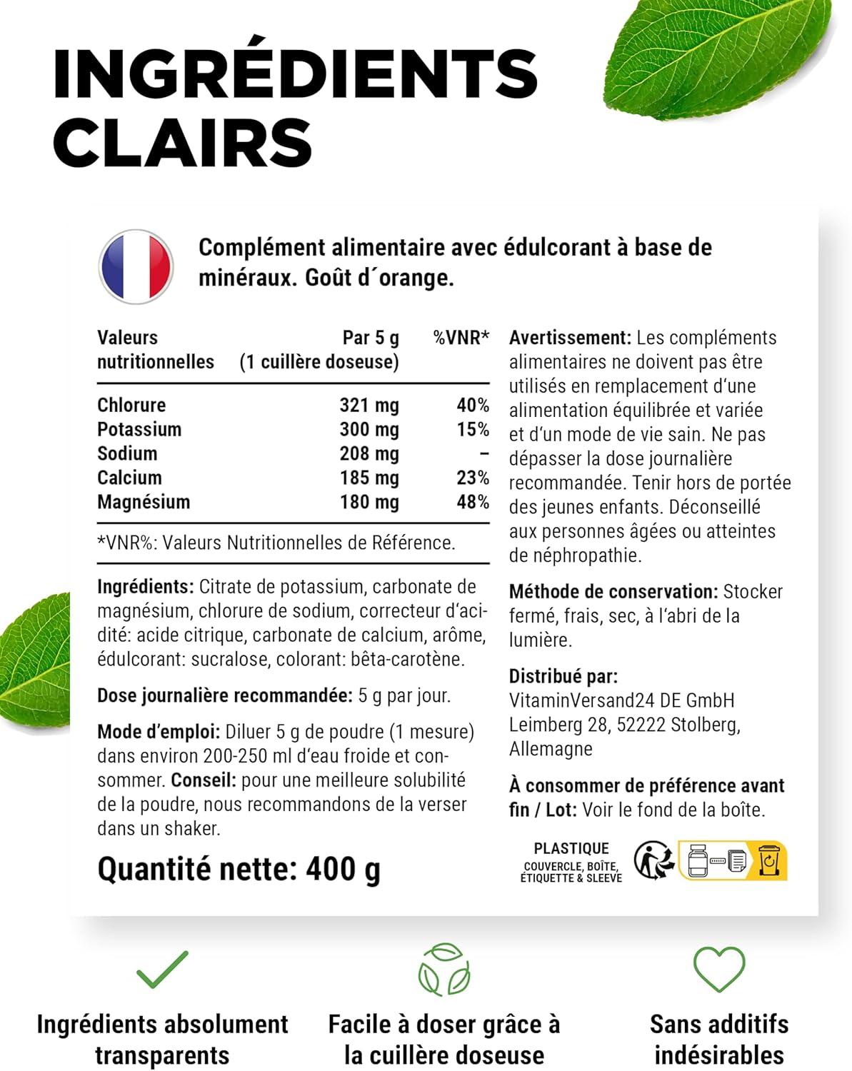 imagevit4ever Electrolytes 400 g 80 portions Formule avec chlorure potassium sodium calcium magnsium Parfait pour les sportifs en cas de dshydratation Sans sucre Vegan Got dOrangeOrange