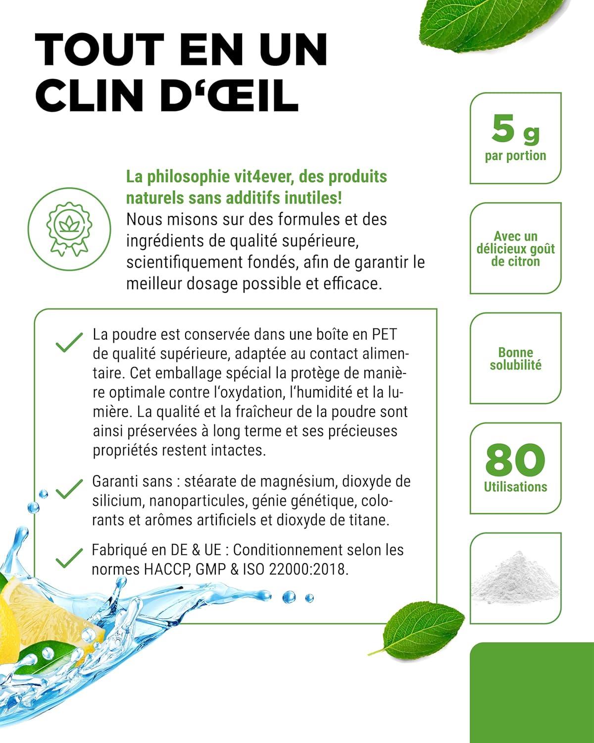 imagevit4ever Electrolytes 400 g 80 portions Formule avec chlorure potassium sodium calcium magnsium Parfait pour les sportifs en cas de dshydratation Sans sucre Vegan Got dOrangeCitron