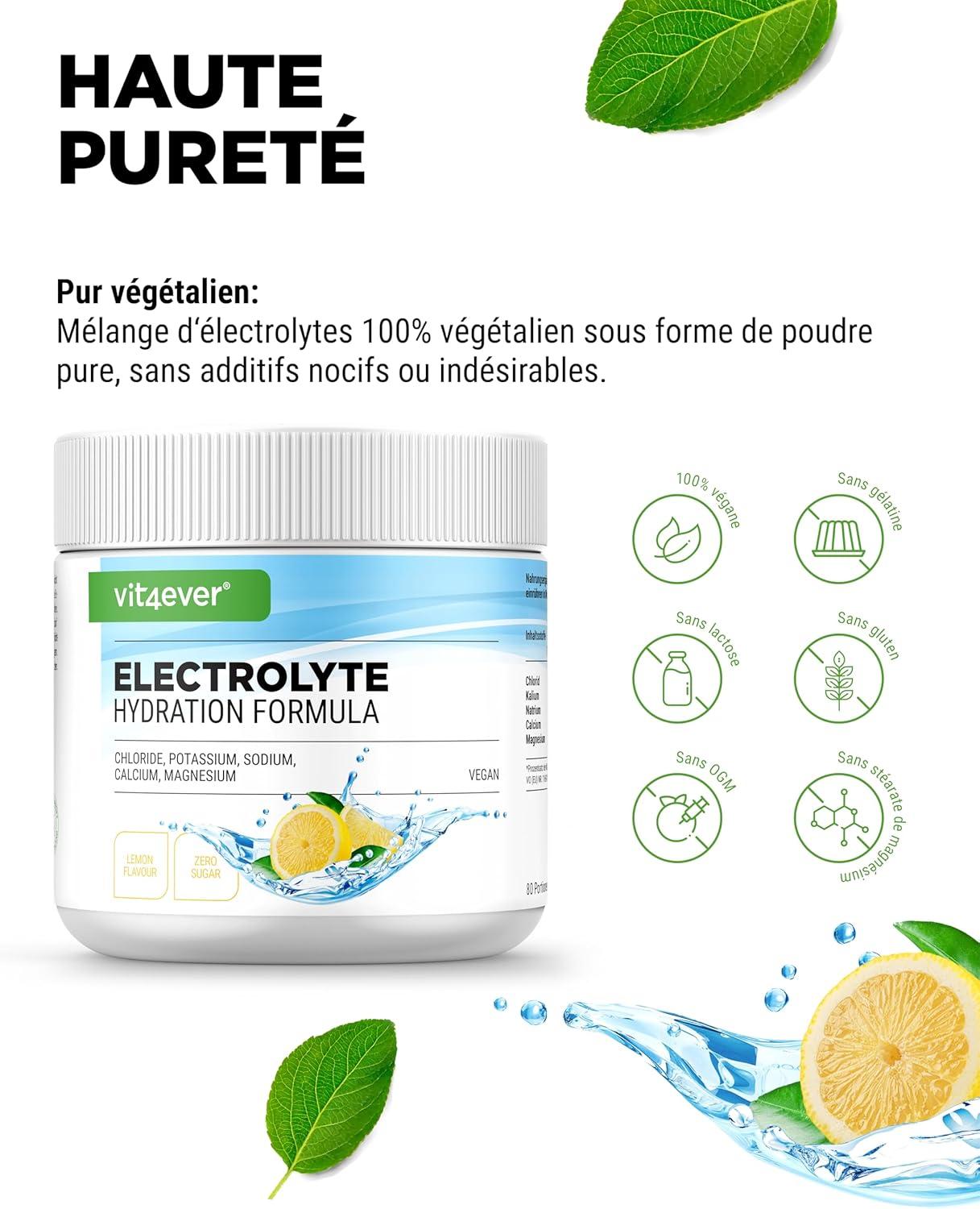 imagevit4ever Electrolytes 400 g 80 portions Formule avec chlorure potassium sodium calcium magnsium Parfait pour les sportifs en cas de dshydratation Sans sucre Vegan Got dOrangeCitron