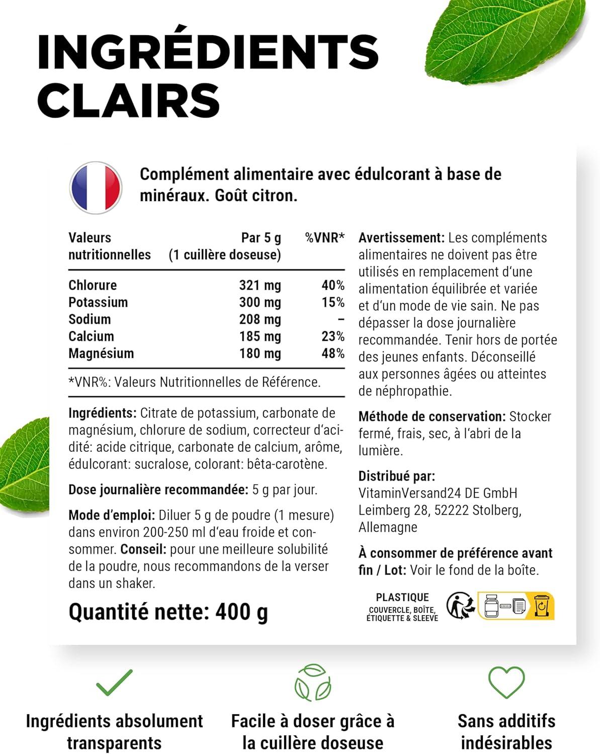 imagevit4ever Electrolytes 400 g 80 portions Formule avec chlorure potassium sodium calcium magnsium Parfait pour les sportifs en cas de dshydratation Sans sucre Vegan Got dOrangeCitron