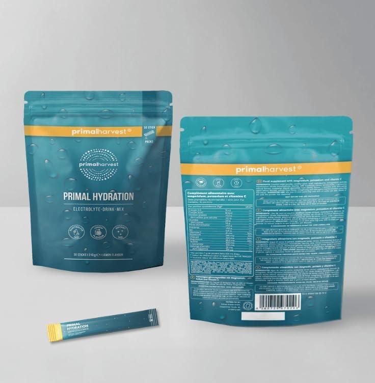 imagePrimal Harvest Primal Hydration Boisson isotonique lectrolytique en paquets individuels pratiques enrichie en magnsium potassium et vitamine C pour hommes et femmes 30 Count 1 Bag CitronCitron