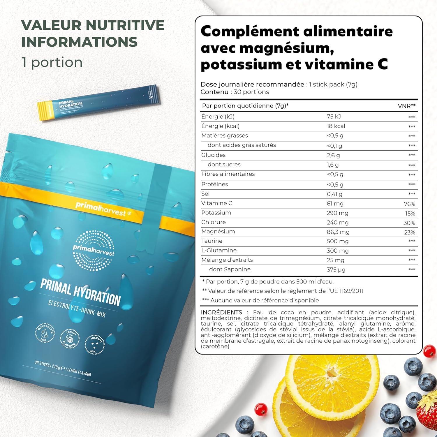 imagePrimal Harvest Primal Hydration Boisson isotonique lectrolytique en paquets individuels pratiques enrichie en magnsium potassium et vitamine C pour hommes et femmes 30 Count 1 Bag CitronCitron