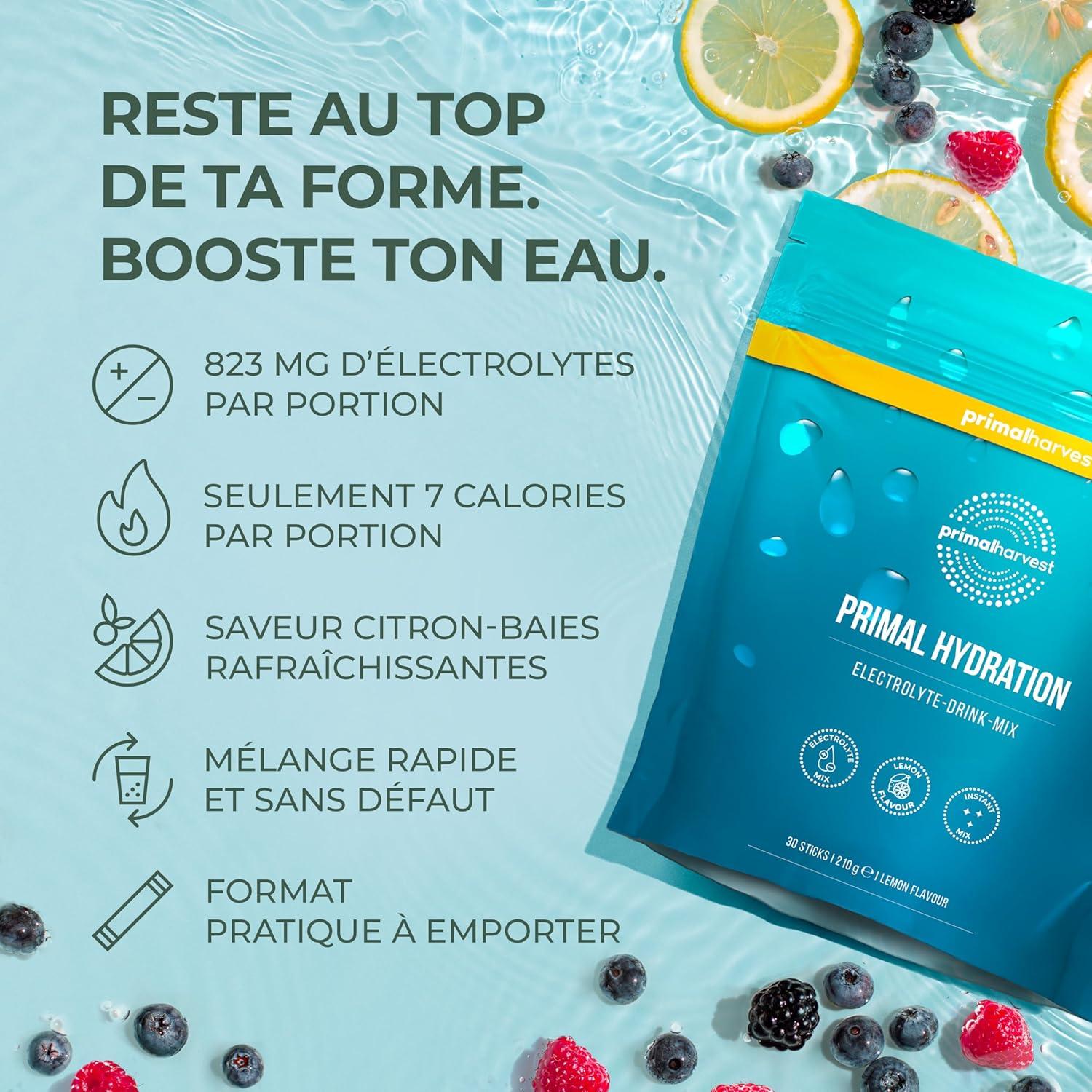 imagePrimal Harvest Primal Hydration Boisson isotonique lectrolytique en paquets individuels pratiques enrichie en magnsium potassium et vitamine C pour hommes et femmes 30 Count 1 Bag CitronCitron