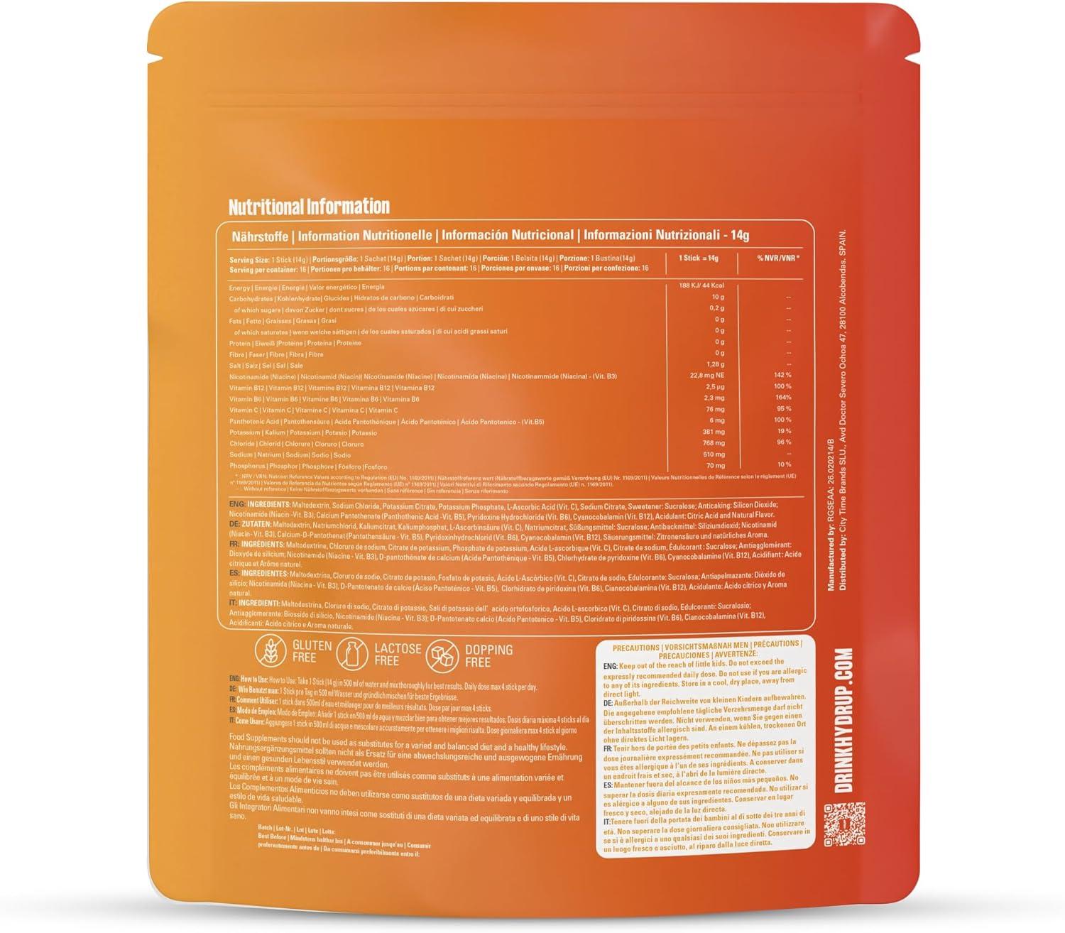 imagelectrolytes Sans Sucre en Poudre 1733 mg Hydratation et nergie avec Vitamines B et C 8 Sachets Got Orange et 8 Got Citron Vert de 14 Grammes Chacun Sans Gluten et sans LactoseOrangeMandarine
