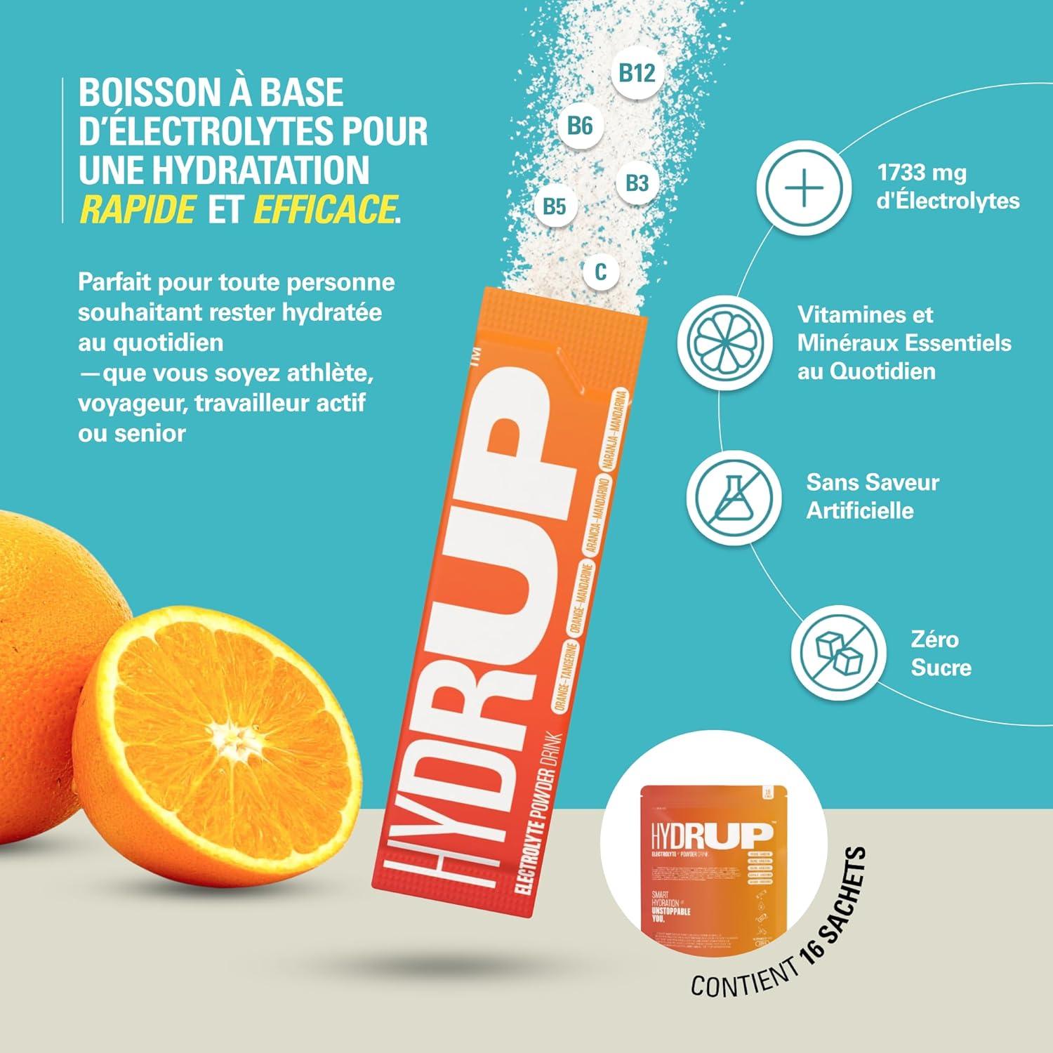 imagelectrolytes Sans Sucre en Poudre 1733 mg Hydratation et nergie avec Vitamines B et C 8 Sachets Got Orange et 8 Got Citron Vert de 14 Grammes Chacun Sans Gluten et sans LactoseOrangeMandarine
