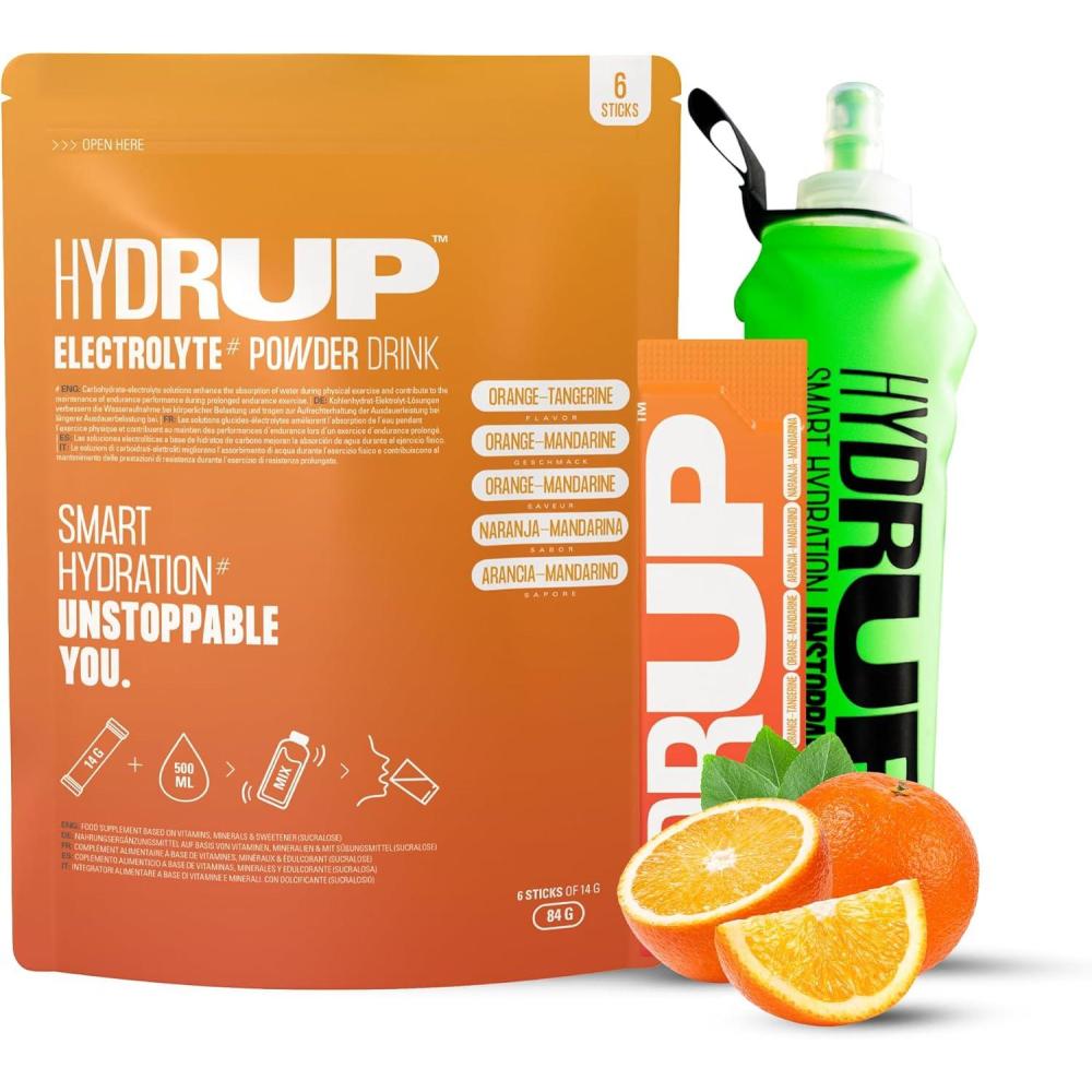 imagelectrolytes Sans Sucre en Poudre 1733 mg Bouteille Mlangeuse Incluse Hydratation avec Vitamines B et C Got Orange Packde 6 Sachets de 14 Grammes Sans Gluten et sans LactoseOrangeMandarine