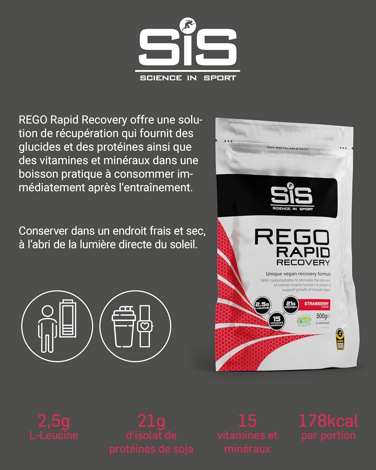imageScience in Sport Rego Rapid Recovery Poudre 15kg Chocolat vegan Boisson de rcupration poudre avec glucides protines lectrolytes vitamines et minraux Pour un entranement efficaceFraise