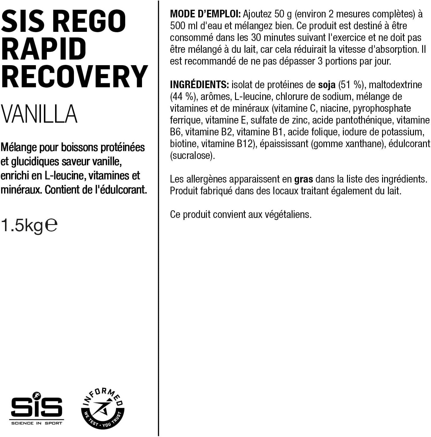 imageScience in Sport Rego Rapid Recovery Poudre 15kg Chocolat vegan Boisson de rcupration poudre avec glucides protines lectrolytes vitamines et minraux Pour un entranement efficaceVanille