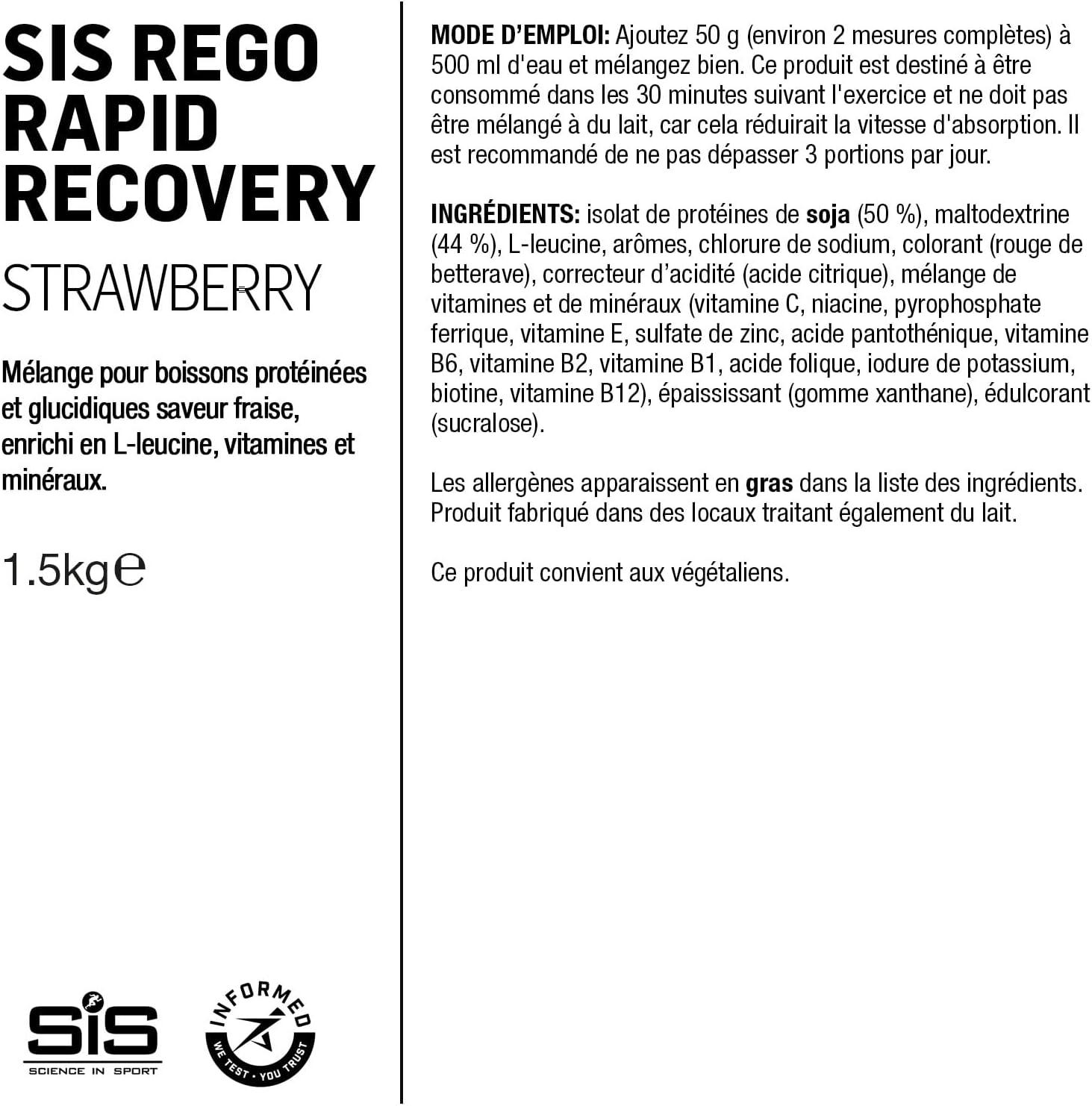 imageScience in Sport Rego Rapid Recovery Poudre 15kg Chocolat vegan Boisson de rcupration poudre avec glucides protines lectrolytes vitamines et minraux Pour un entranement efficaceFraise