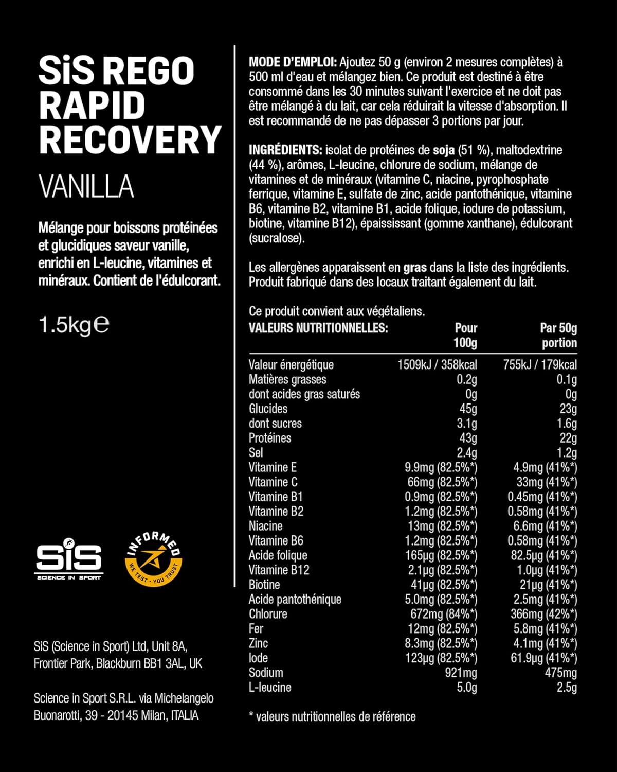 imageScience in Sport Rego Rapid Recovery Poudre 15kg Chocolat vegan Boisson de rcupration poudre avec glucides protines lectrolytes vitamines et minraux Pour un entranement efficaceVanille