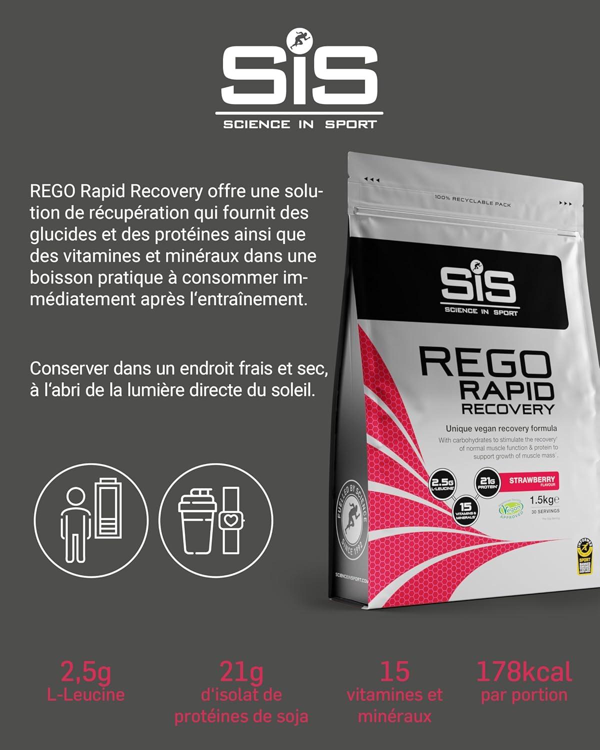 imageScience in Sport Rego Rapid Recovery Poudre 15kg Chocolat vegan Boisson de rcupration poudre avec glucides protines lectrolytes vitamines et minraux Pour un entranement efficaceFraise
