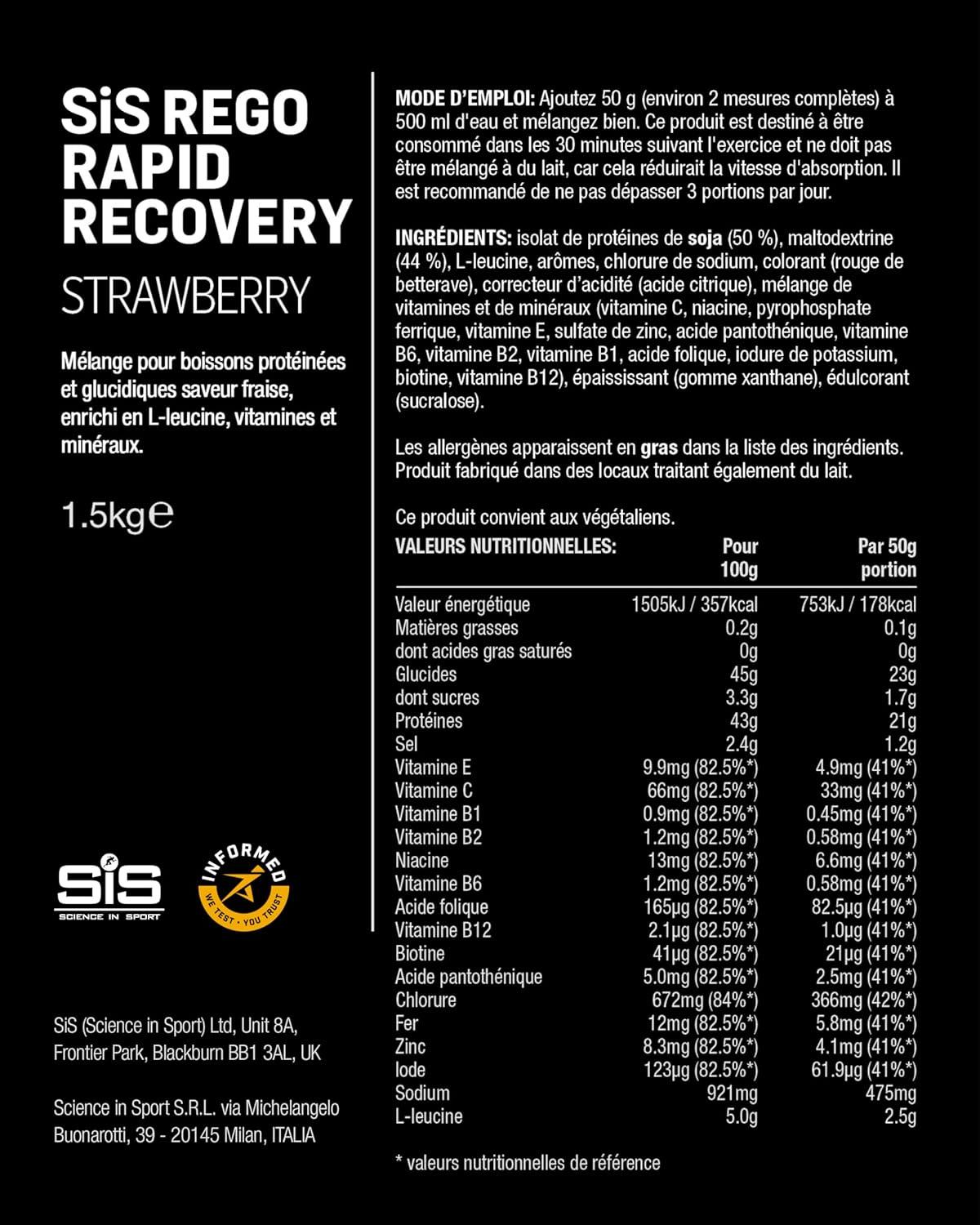 imageScience in Sport Rego Rapid Recovery Poudre 15kg Chocolat vegan Boisson de rcupration poudre avec glucides protines lectrolytes vitamines et minraux Pour un entranement efficaceFraise