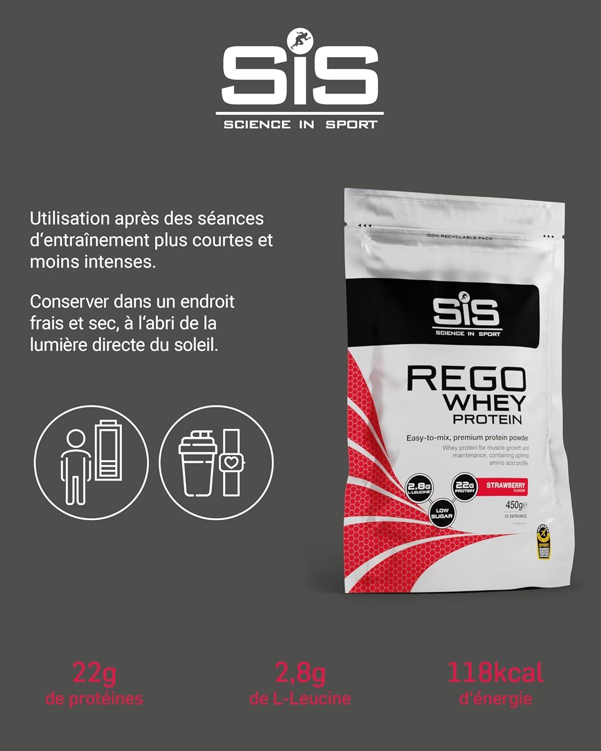 imageScience in Sport Rego Whey Protein Poudre 450g Fraise Boisson de rcupration poudre avec glucides protines lectrolytes vitamines et minraux Pour un entranement efficace 100 WheyFraise