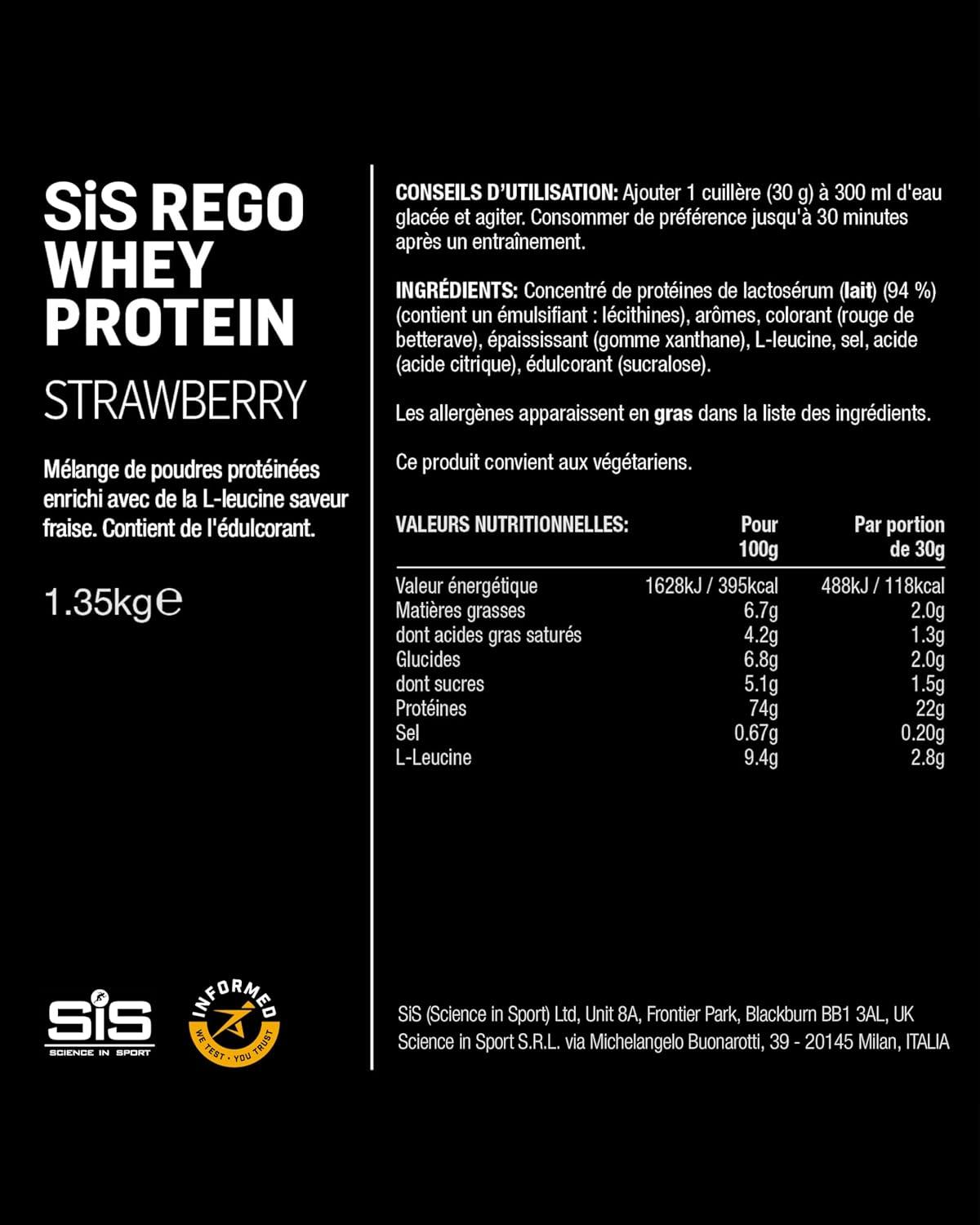 imageScience in Sport Rego Whey Protein Poudre 450g Fraise Boisson de rcupration poudre avec glucides protines lectrolytes vitamines et minraux Pour un entranement efficace 100 WheyFraise