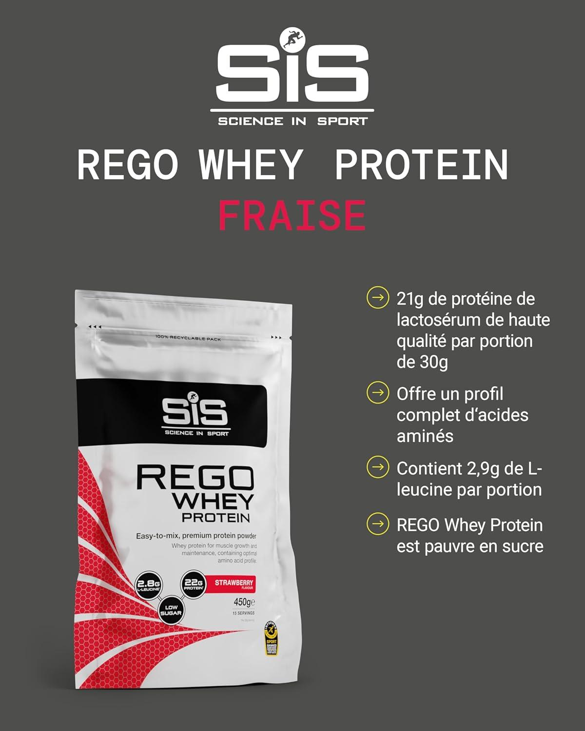 imageScience in Sport Rego Whey Protein Poudre 450g Fraise Boisson de rcupration poudre avec glucides protines lectrolytes vitamines et minraux Pour un entranement efficace 100 WheyFraise