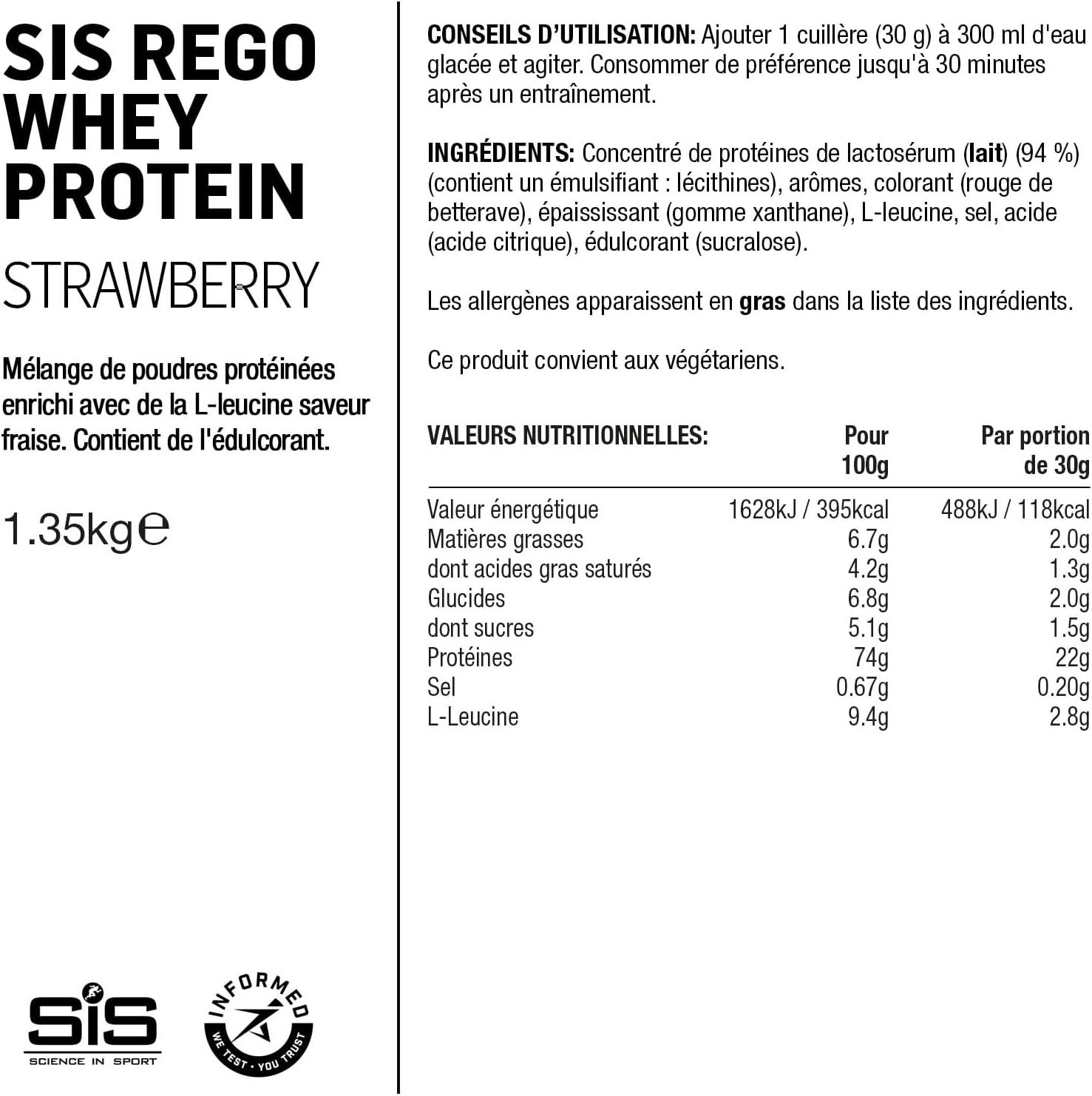 imageScience in Sport Rego Whey Protein Poudre 450g Fraise Boisson de rcupration poudre avec glucides protines lectrolytes vitamines et minraux Pour un entranement efficace 100 WheyFraise