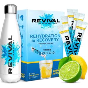 Revival Rapid Rehydration Starter Pack – Bouteille d&rsquo;Eau en Acier 500 ml avec 1 x 6 Paquets de Sachets de Poudre d&rsquo;Électrolytes – Citron(Citron)