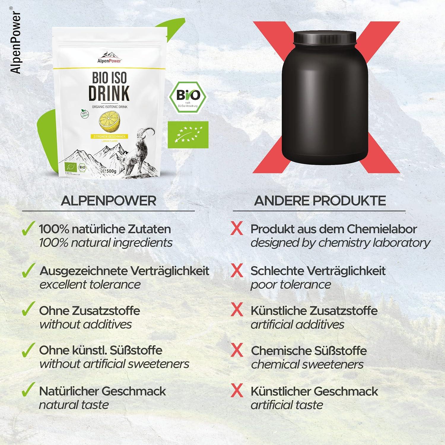 imageAlpenPower BIO poudre pour boisson Isotonique Citron 500g Ingrdients 100 naturels Sans additifs artificiels Idal pour les sports dendurance