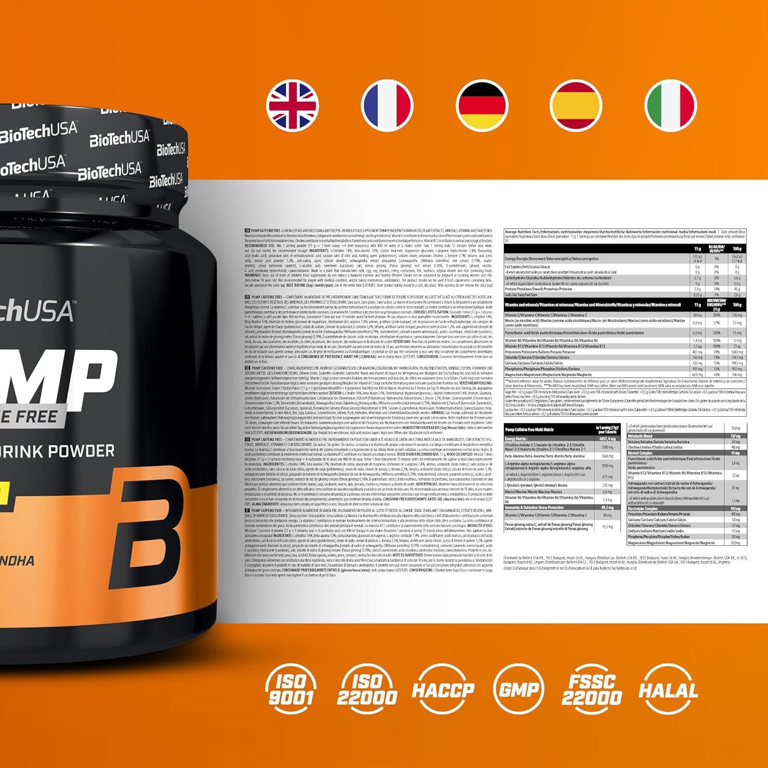 imageBioTechUSA Pump Caffeine Free nergie concentration et soutien immunitaire 19 Ingrdients actifs Boisson en poudre prentranement 330 g Fruits ExotiquesTh glac au citron