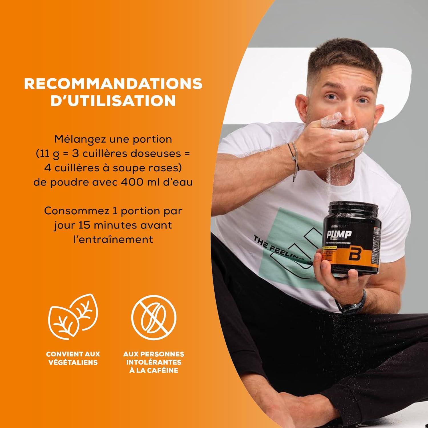 imageBioTechUSA Pump Caffeine Free nergie concentration et soutien immunitaire 19 Ingrdients actifs Boisson en poudre prentranement 330 g Fruits ExotiquesTh glac au citron