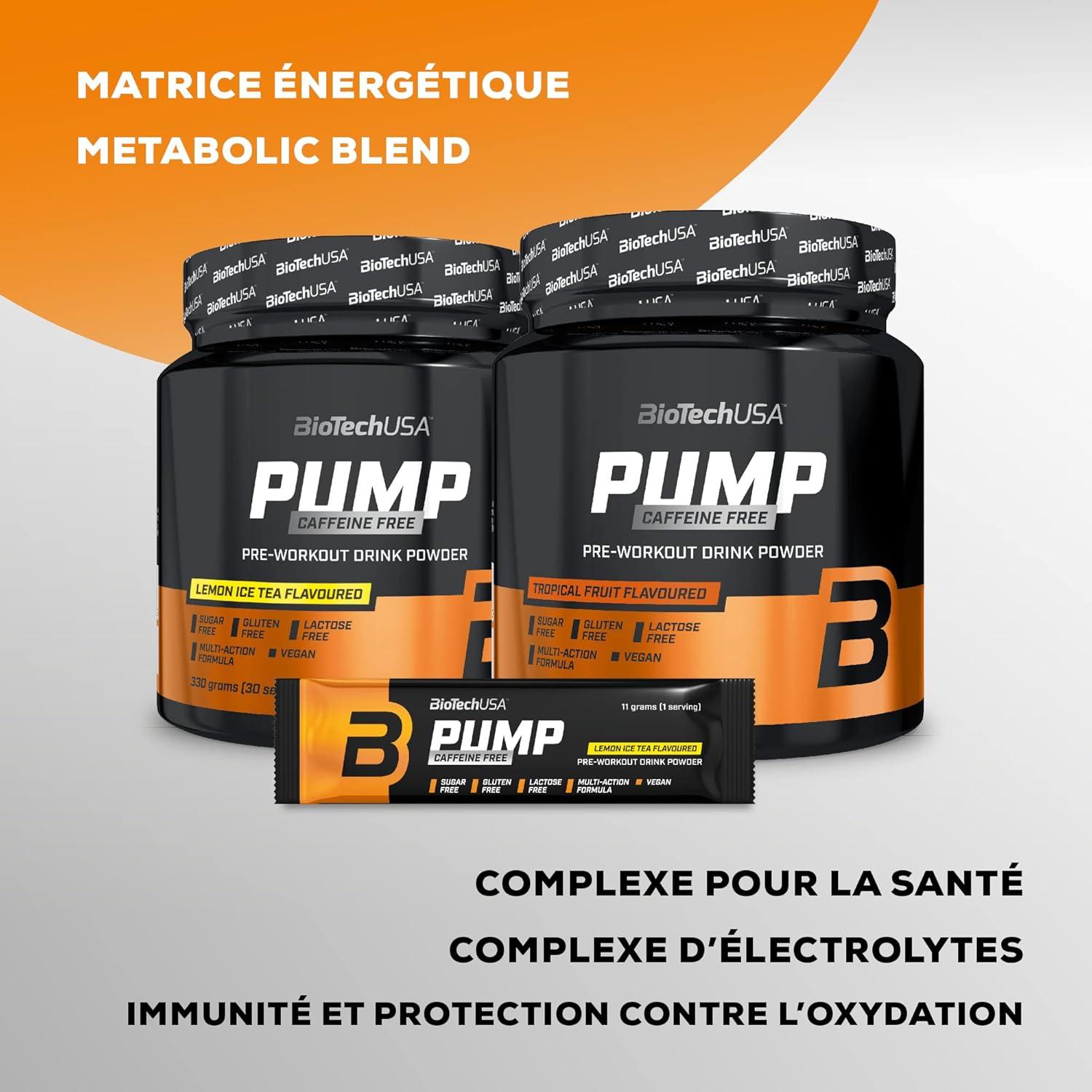 imageBioTechUSA Pump Caffeine Free nergie concentration et soutien immunitaire 19 Ingrdients actifs Boisson en poudre prentranement 330 g Fruits ExotiquesTh glac au citron
