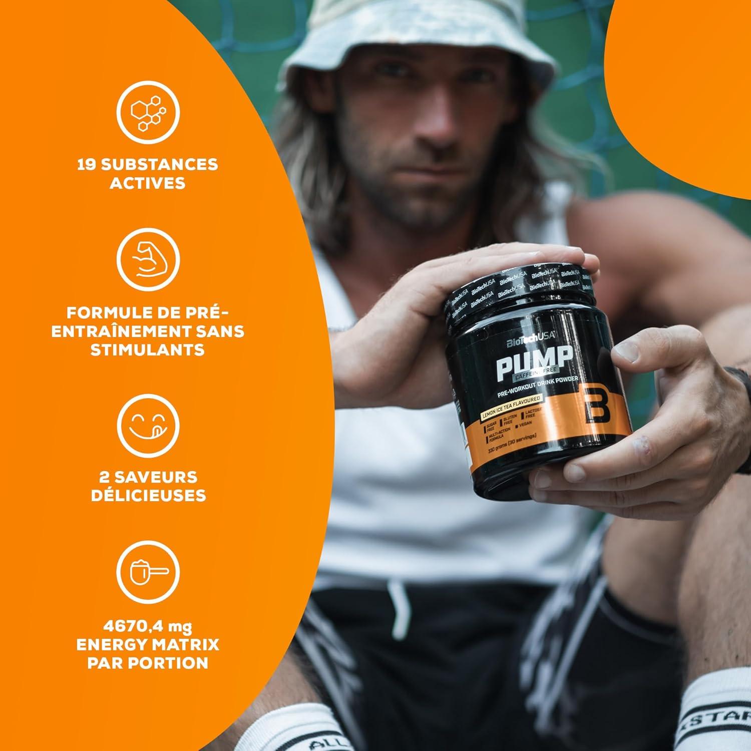 imageBioTechUSA Pump Caffeine Free nergie concentration et soutien immunitaire 19 Ingrdients actifs Boisson en poudre prentranement 330 g Fruits ExotiquesTh glac au citron