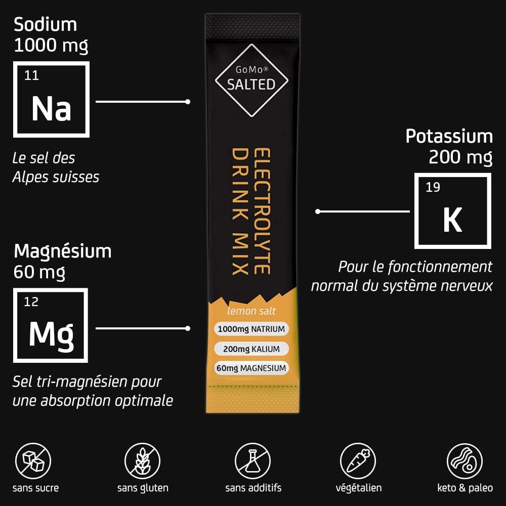 imageGoMo SALTED Hydration Aid Electrolytes sans sucre Amlioration de labsorption de leau ampamp hydratation rapide 30 portions de poudre dlectrolytes avec du sel des Alpes suisses Got de citron