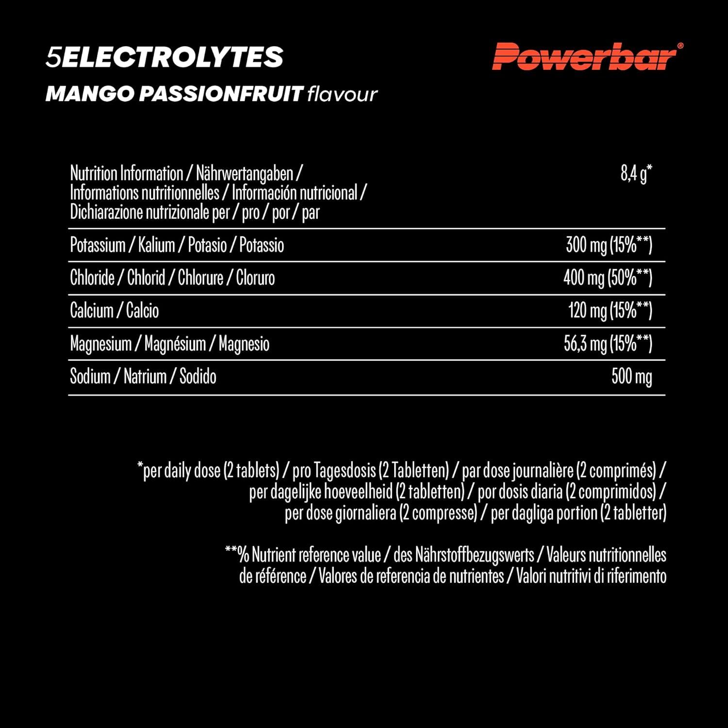 imagePowerbar 5 Electrolytes Lemon Tonic 12x10Tabs Tablettes effervescentes fournissant les lectrolytes 75 mg cafineMango Passionfruit