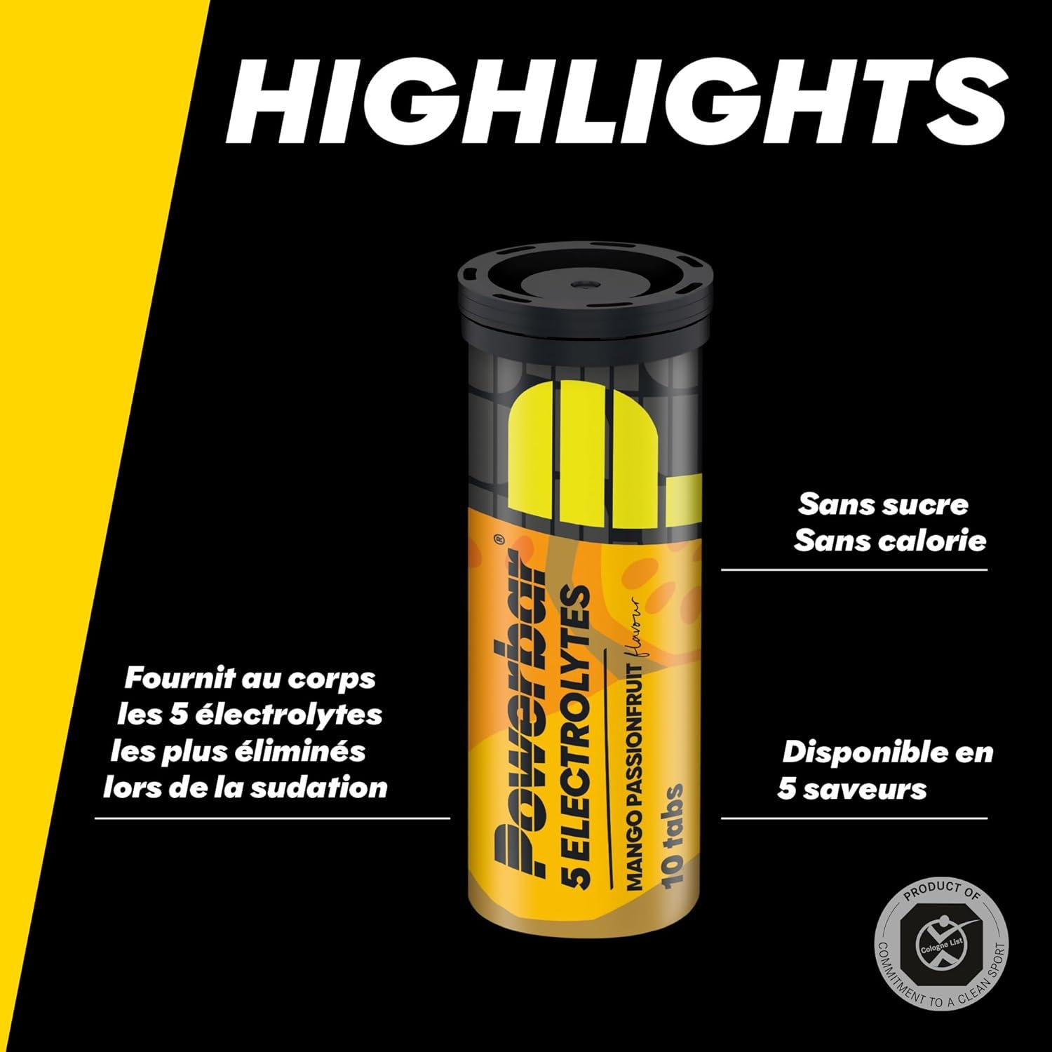 imagePowerbar 5 Electrolytes Lemon Tonic 12x10Tabs Tablettes effervescentes fournissant les lectrolytes 75 mg cafineMango Passionfruit