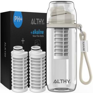 ALTHY Bouteille Alcaline de Filtre à eau, Alcaline Jusqu&rsquo;à pH 9,5, Minéraux et électrolytes Ajoutés, Système Composé D&rsquo;alcalinisation et de Filtration, Sans BPA, 500 ml, 3 Filtres Inclus