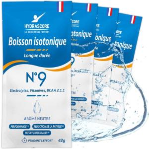 Hydrascore N°9 – Goût Neutre 4 Dosettes – Boisson Isotonique Energétique pour Sportifs – Running, Vélo, Trail, Triathlon – Poudre Énergisante & Hydratante – Électrolytes Hydratation & BCAA – H1039