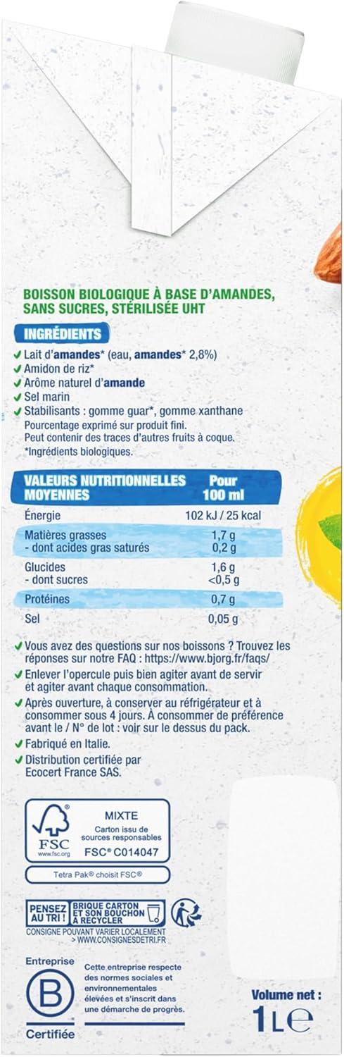 imageBjorg Boisson Oui Au Vgtal Bio Riz Coco Boire et Cuisiner Sans sucres Ajouts Pauvre en Matires Grasses 1L Lot de 2Amande Sans Sucres