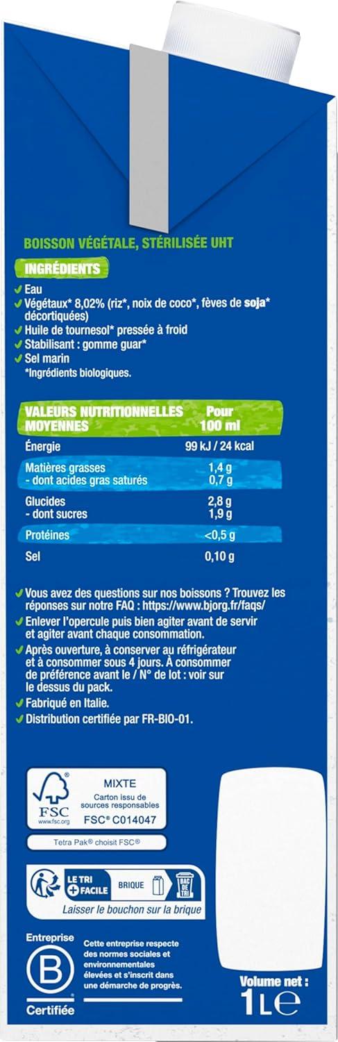 imageBjorg Boisson Oui Au Vgtal Bio Riz Coco Boire et Cuisiner Sans sucres Ajouts Pauvre en Matires Grasses 1L Lot de 2Riz Coco