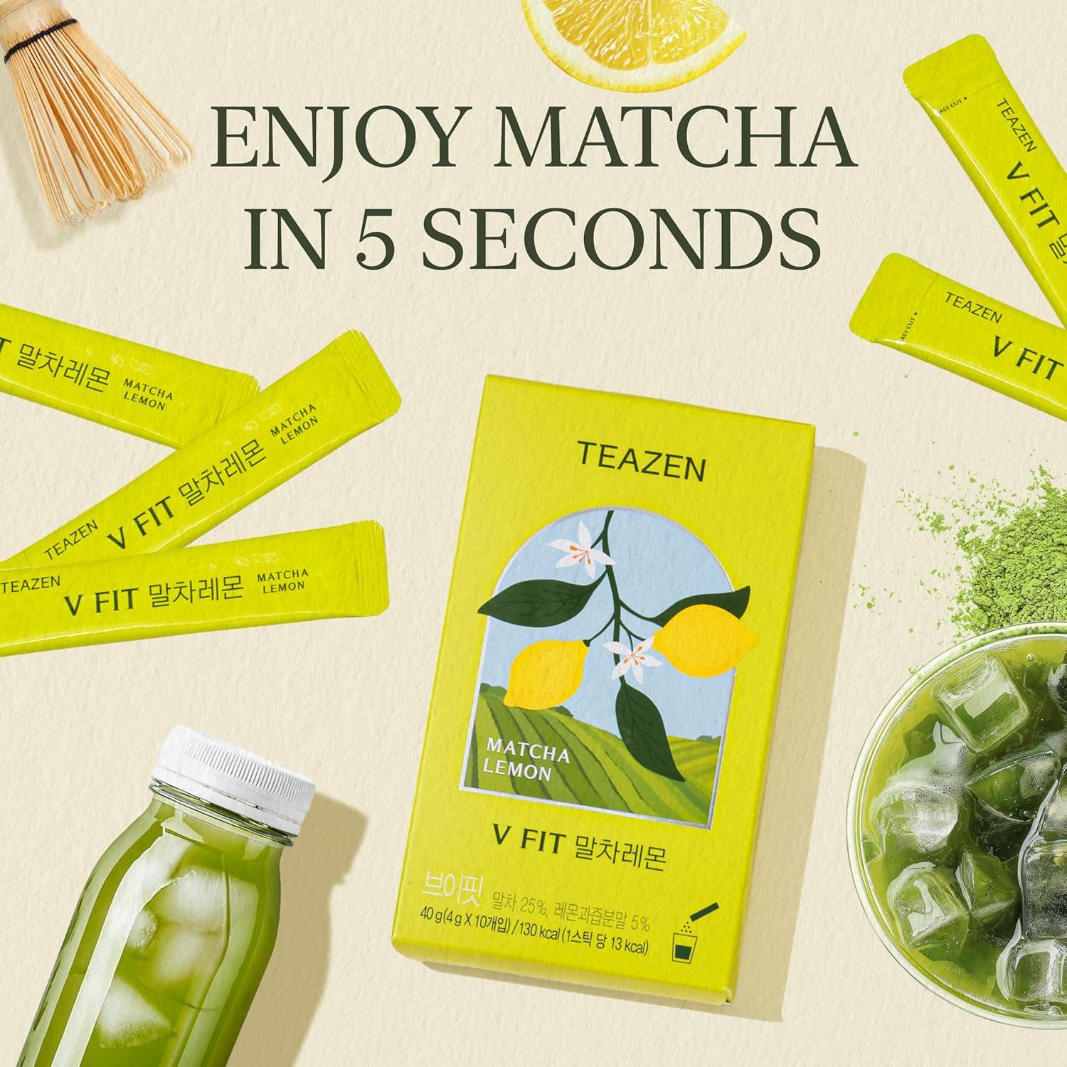 imageTEAZEN V Fit Matcha Citron Boisson instantane au th vert 10 sachets Sans sucre vgtalien faible en calories Mlange japonais de matcha et de citron pour lnergie et le mtabolisme