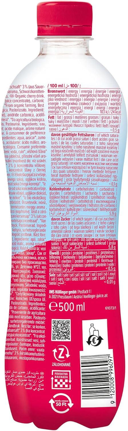 imageHLLINGER Bio Spritz Kirsche Boisson Ptillante Vgtalienne Sans Sucre Ajout Bouteille PET 500ml Saveur Cerise